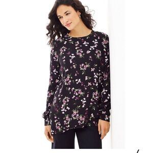 J.Jill asymmetrical floral print black long sleeve blouse large petite flowy